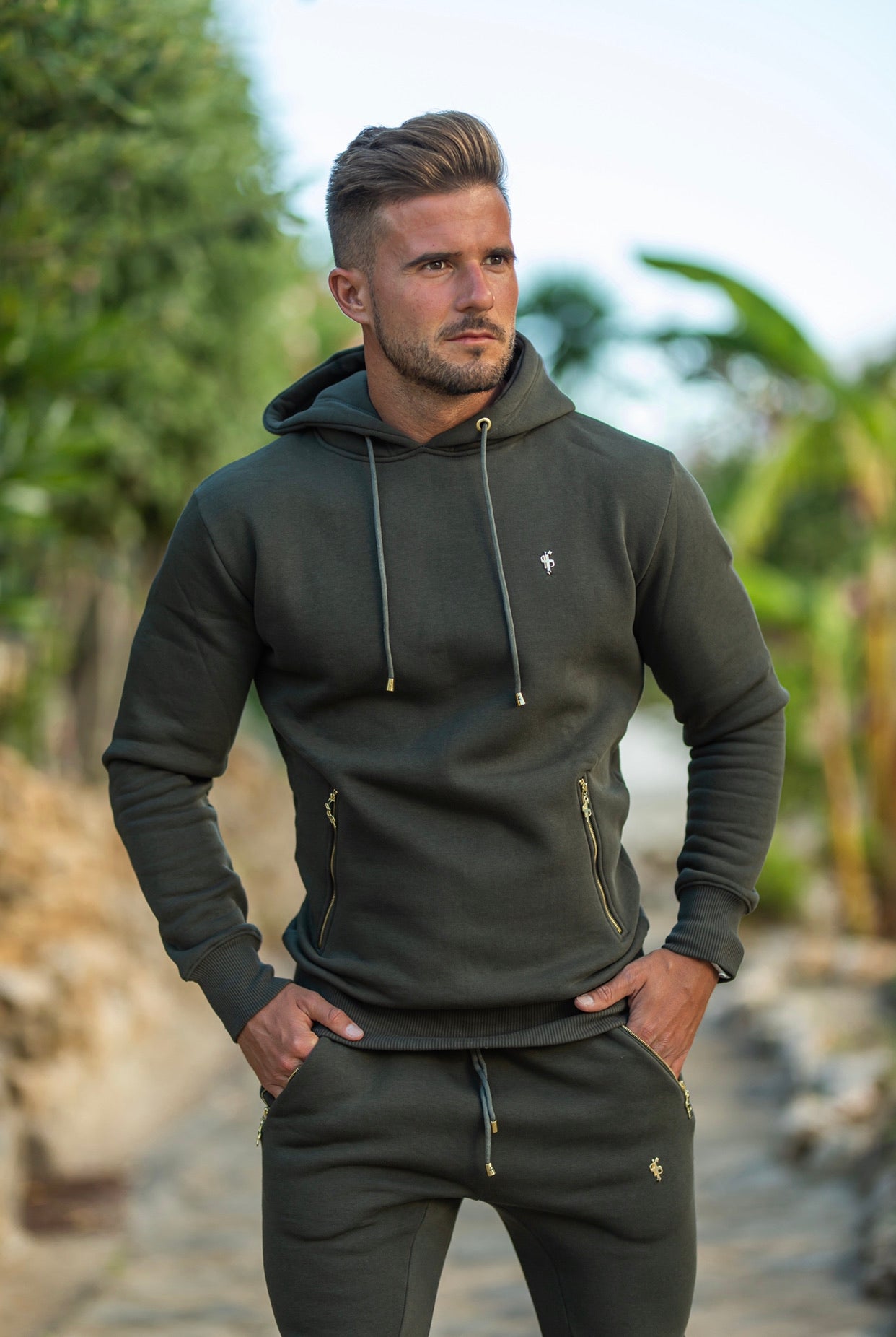 Khaki & Gold Overhead Hoodie Top with Zipped Pockets - FSH481