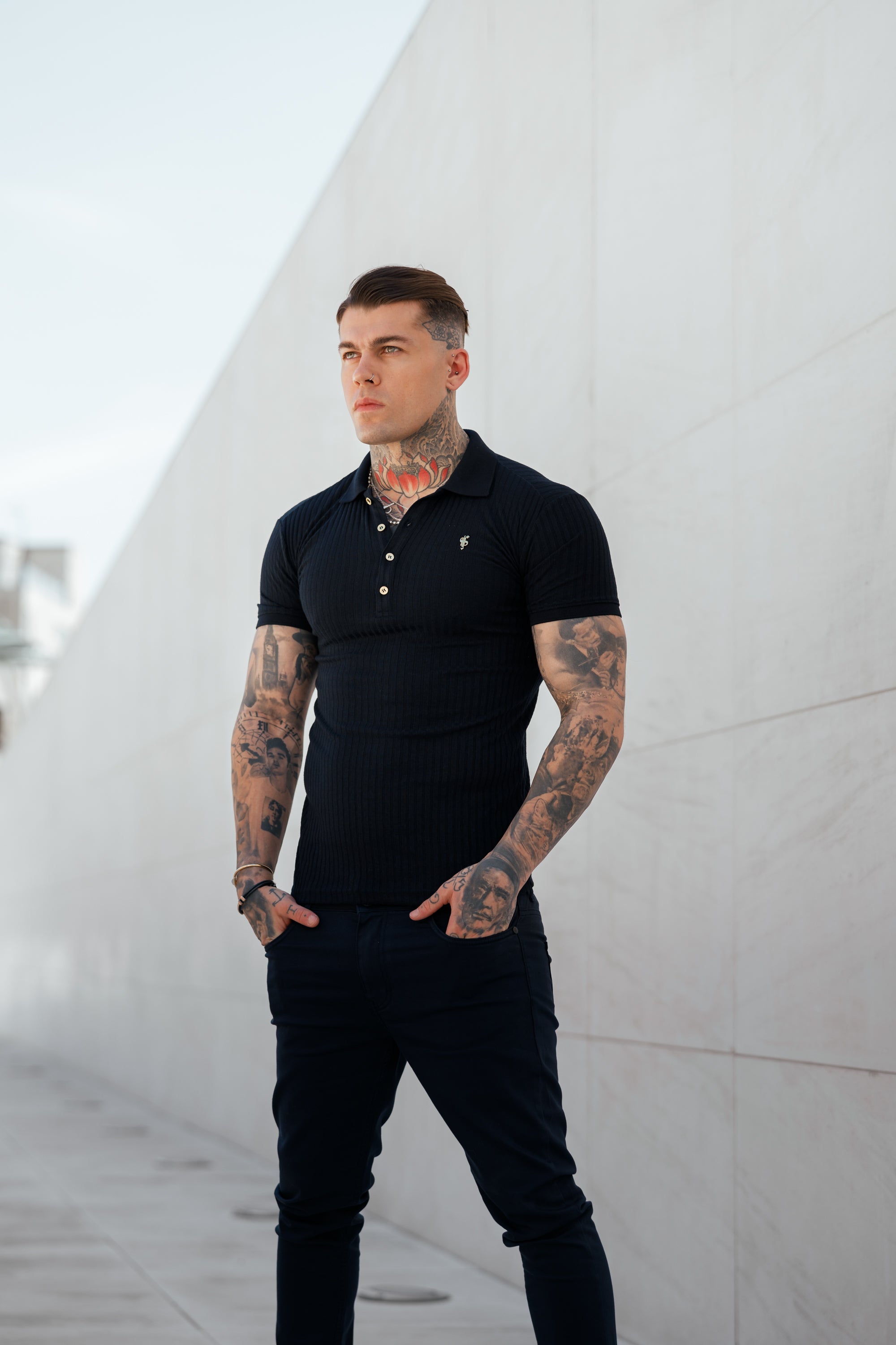 Classic Navy Ribbed Polo Shirt with Gold Metal Emblem Decal & Buttons- FSH694