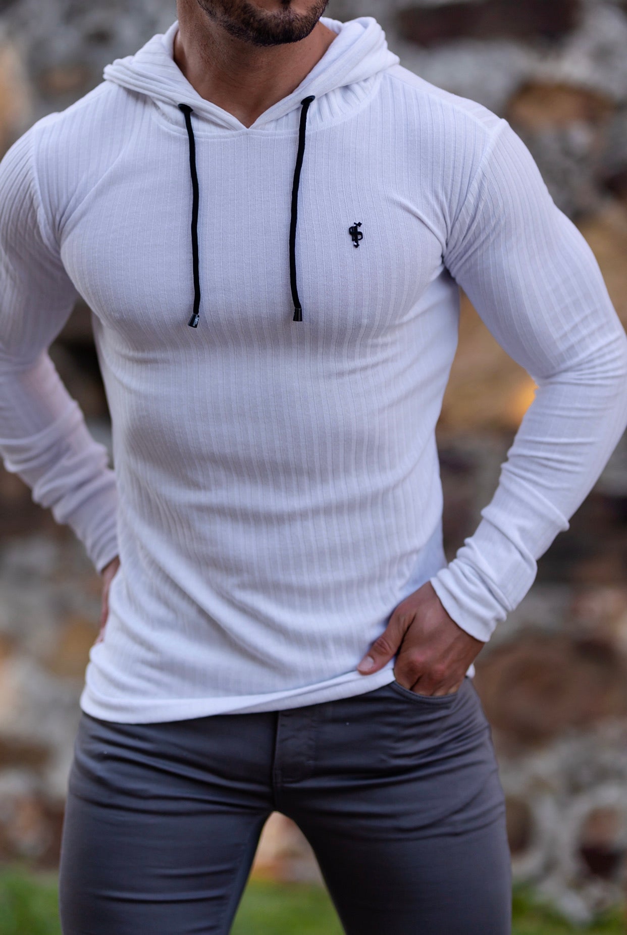 Classic White Ribbed Knit Hoodie Jumper With Black Decal - FSH540
