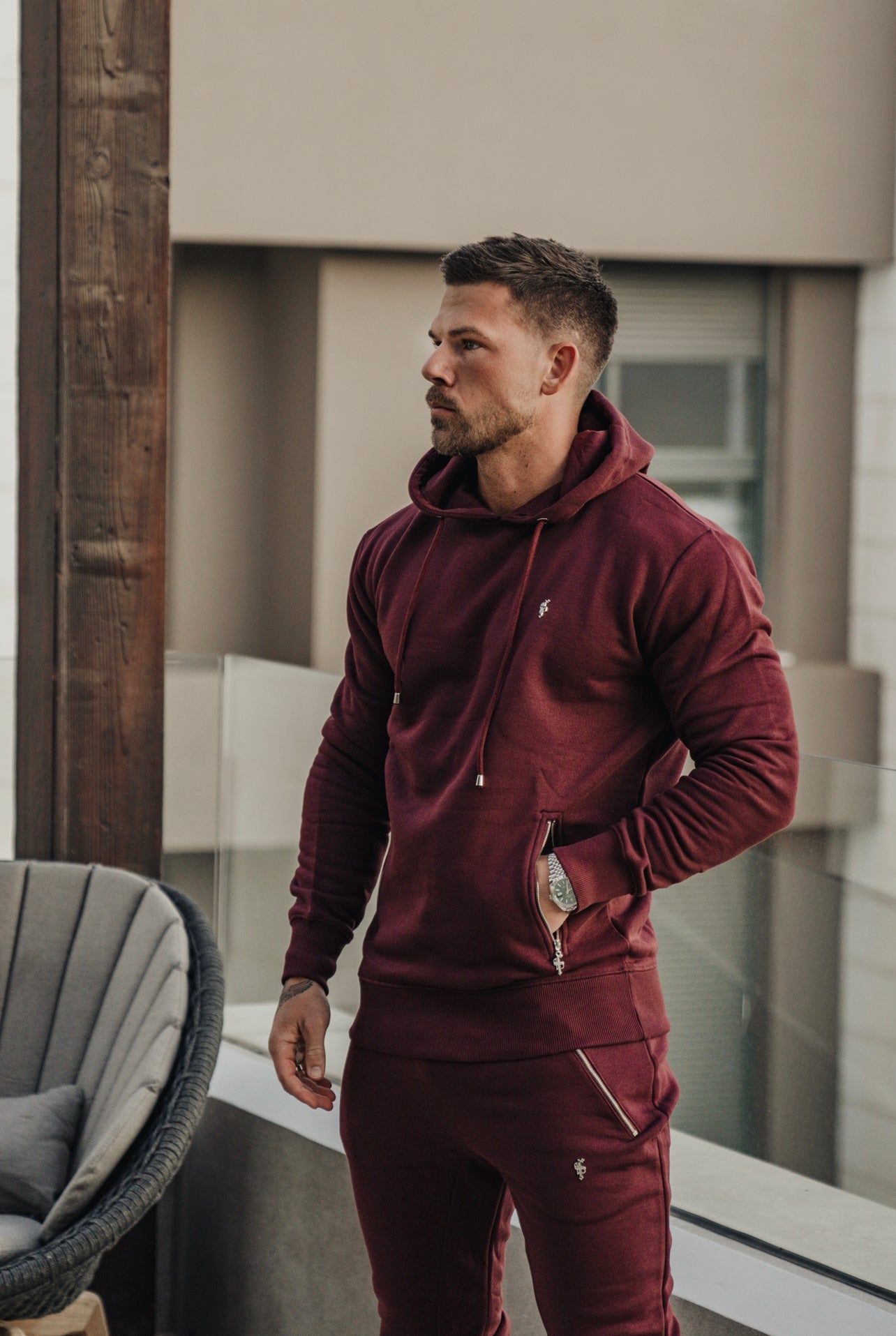 Burgundy / Silver Overhead Hoodie Top with Zipped Pockets - FSH797