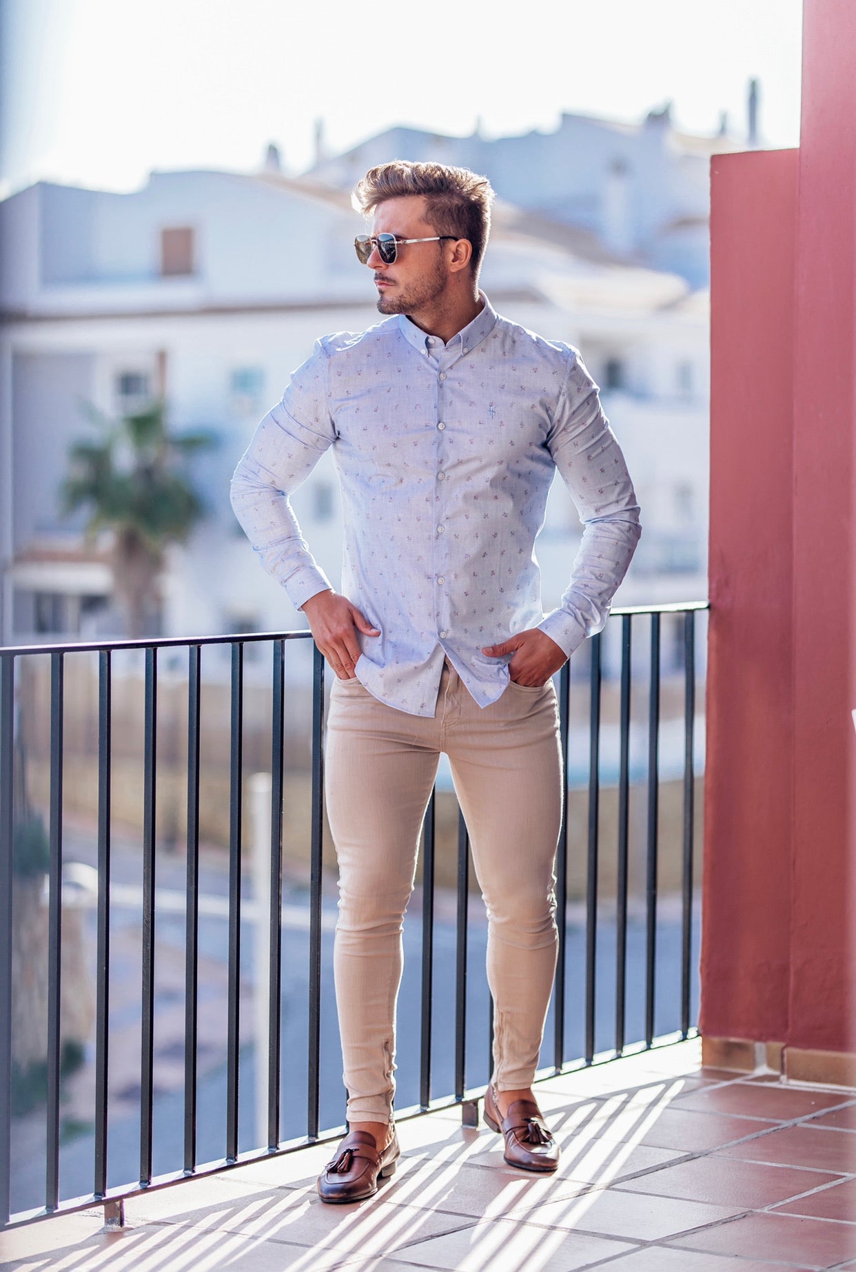 Super Slim Stretch Light Blue Multi Floral Print Long Sleeve - FS668