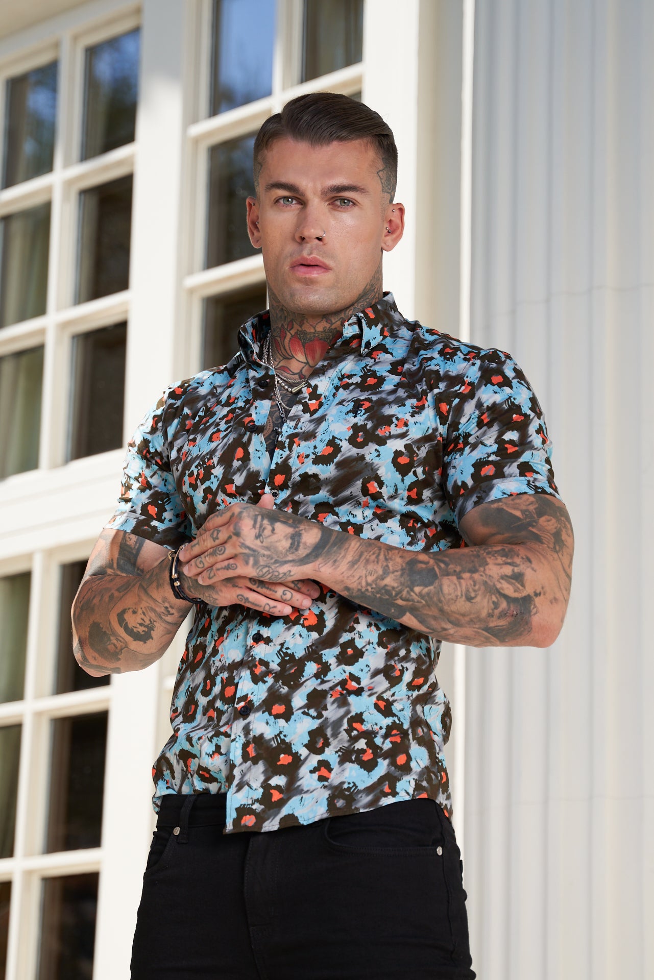 Super Slim Stretch Multi Colour Abstract Leopard Print Short Sleeve with Button Down Collar - FS790