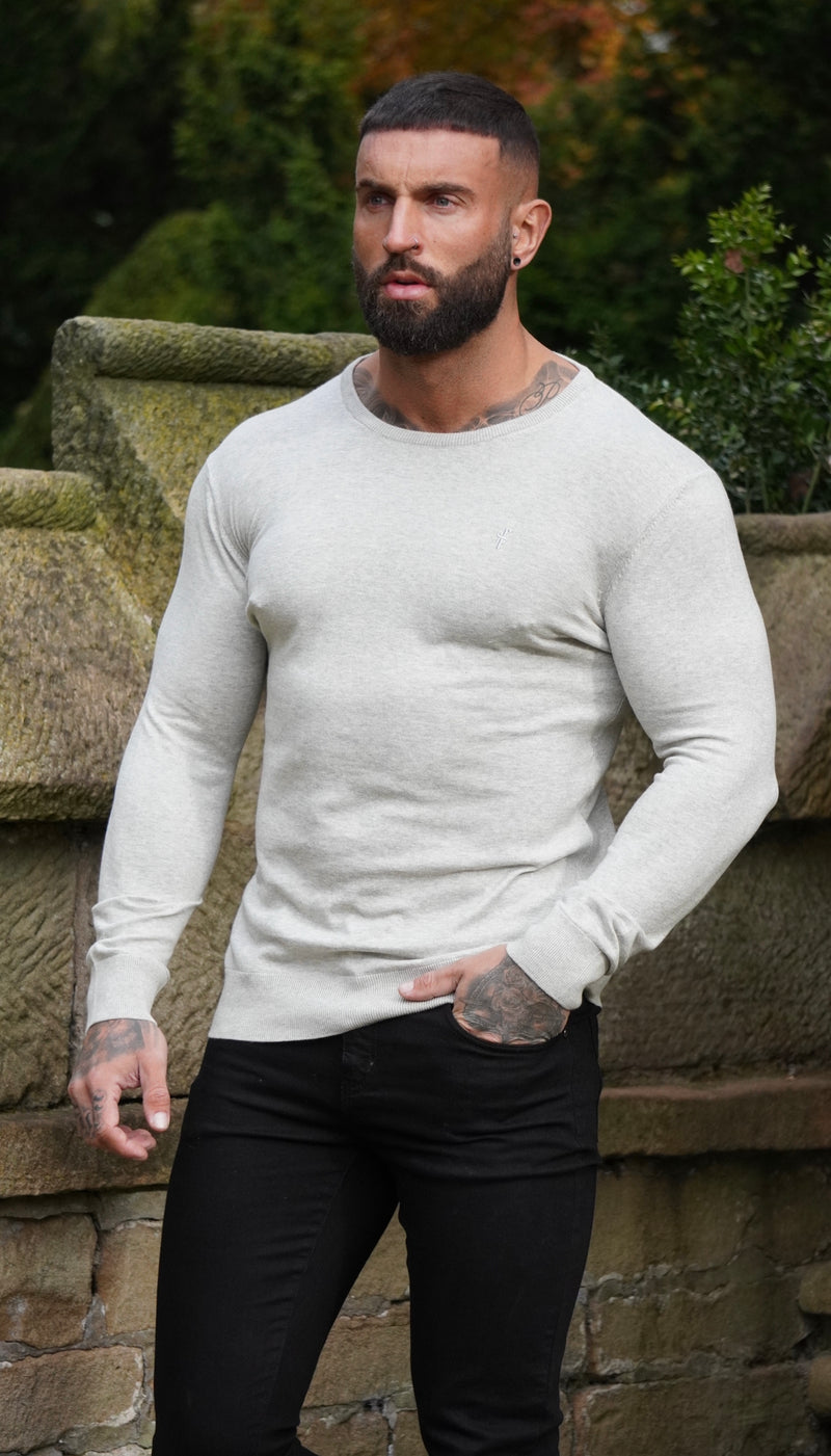 Father Sons Classic Light Grey Marl Crew Neck Knitted Sweater with Tonal Emblem - FSH674