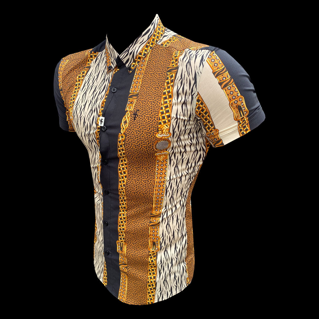 Super Slim Stretch Black Animal Chain Print Short Sleeve with Button Down Collar - FS815