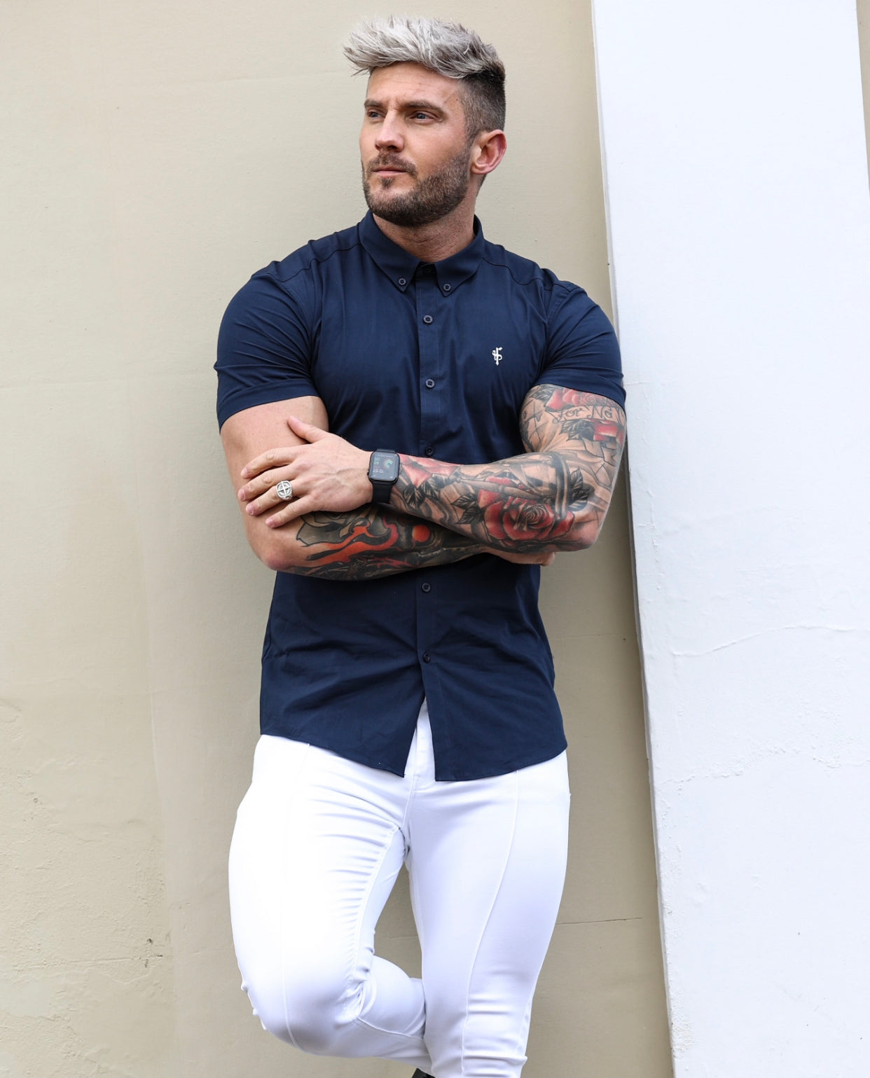 Super Slim Stretch Classic Navy Short Sleeve With Button Down Collar -  FS816