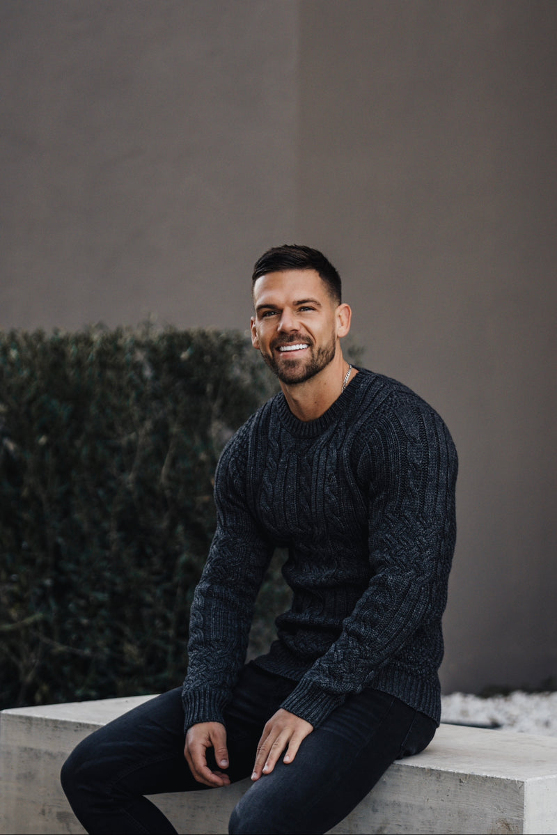 Father Sons Luxury Lambs Wool Braided Knot Charcoal Sweater With Metal Decal - FSN024