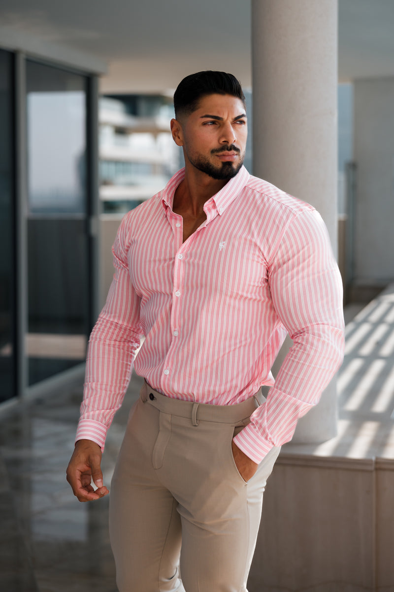 Father Sons Super Slim Stretch White / Pink Stripe Print Long Sleeve with Button Down Collar - FS888