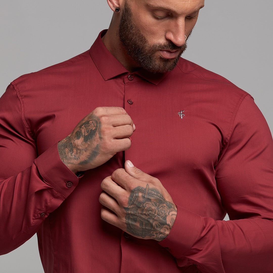Super Slim Stretch Classic Oxblood Panel Shirt (Grey embroidery) - FS318