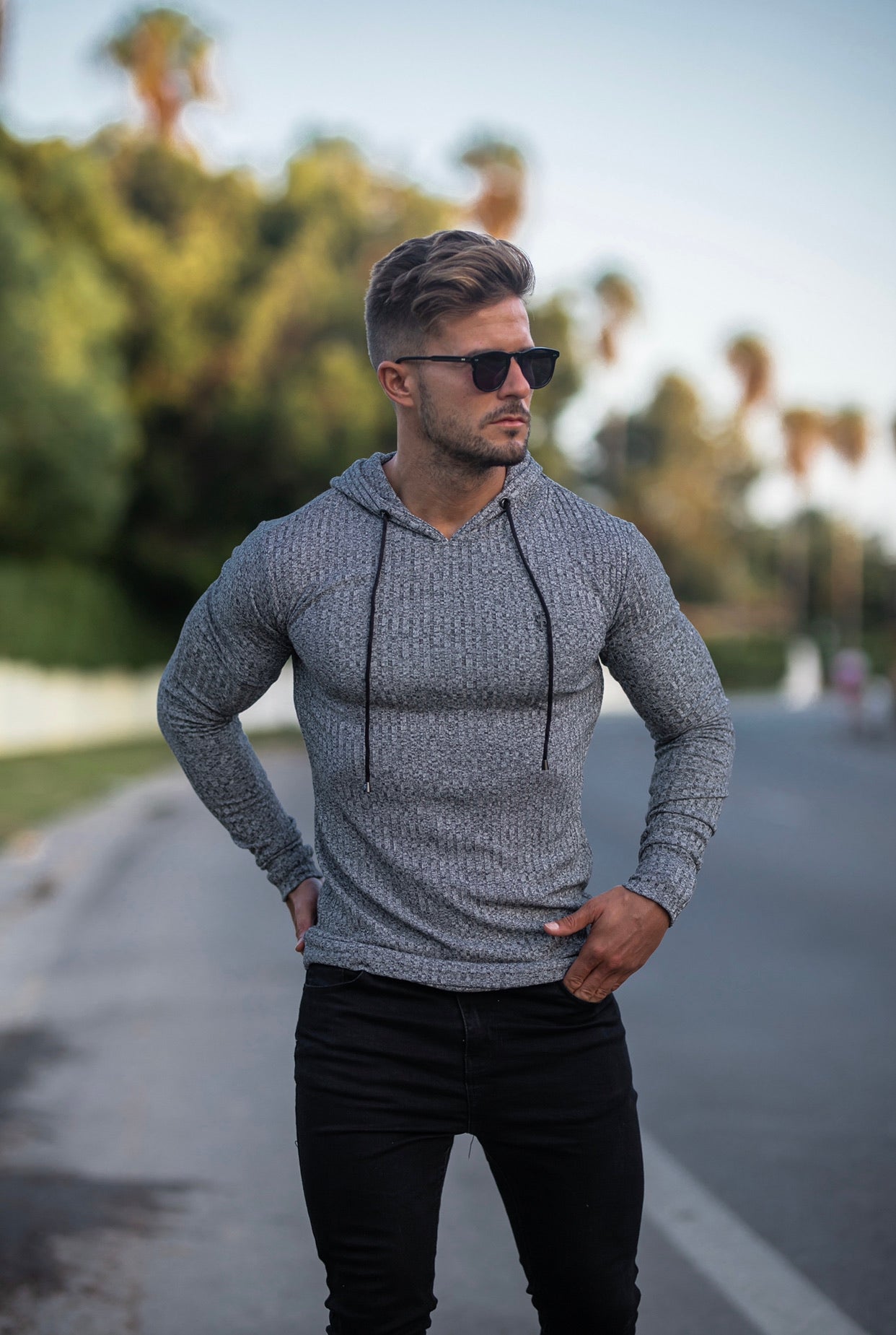 Classic Grey / Black Ribbed Knit Hoodie Jumper - FSH509