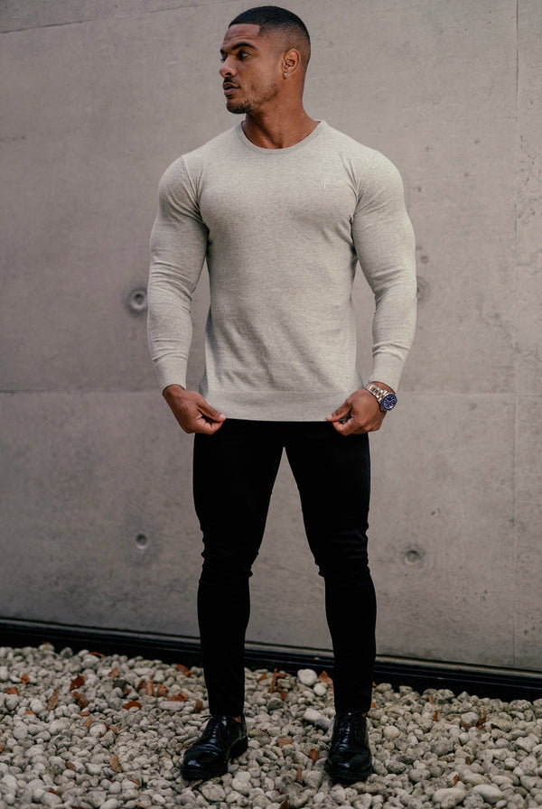 Father Sons Classic Light Grey Marl Crew Neck Knitted Sweater with Tonal Emblem - FSH674