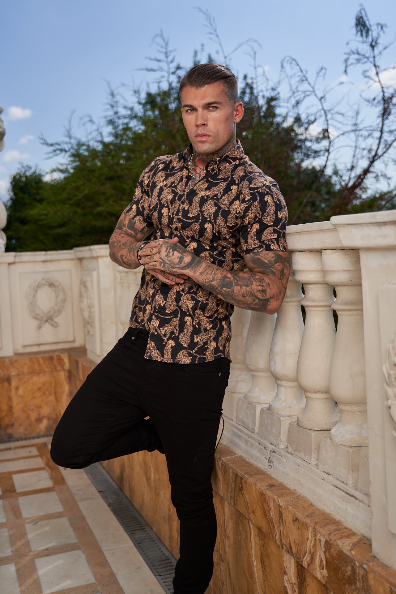 Super Slim Stretch Black / Tan Cheetah Print Short Sleeve with Button Down Collar - FS789