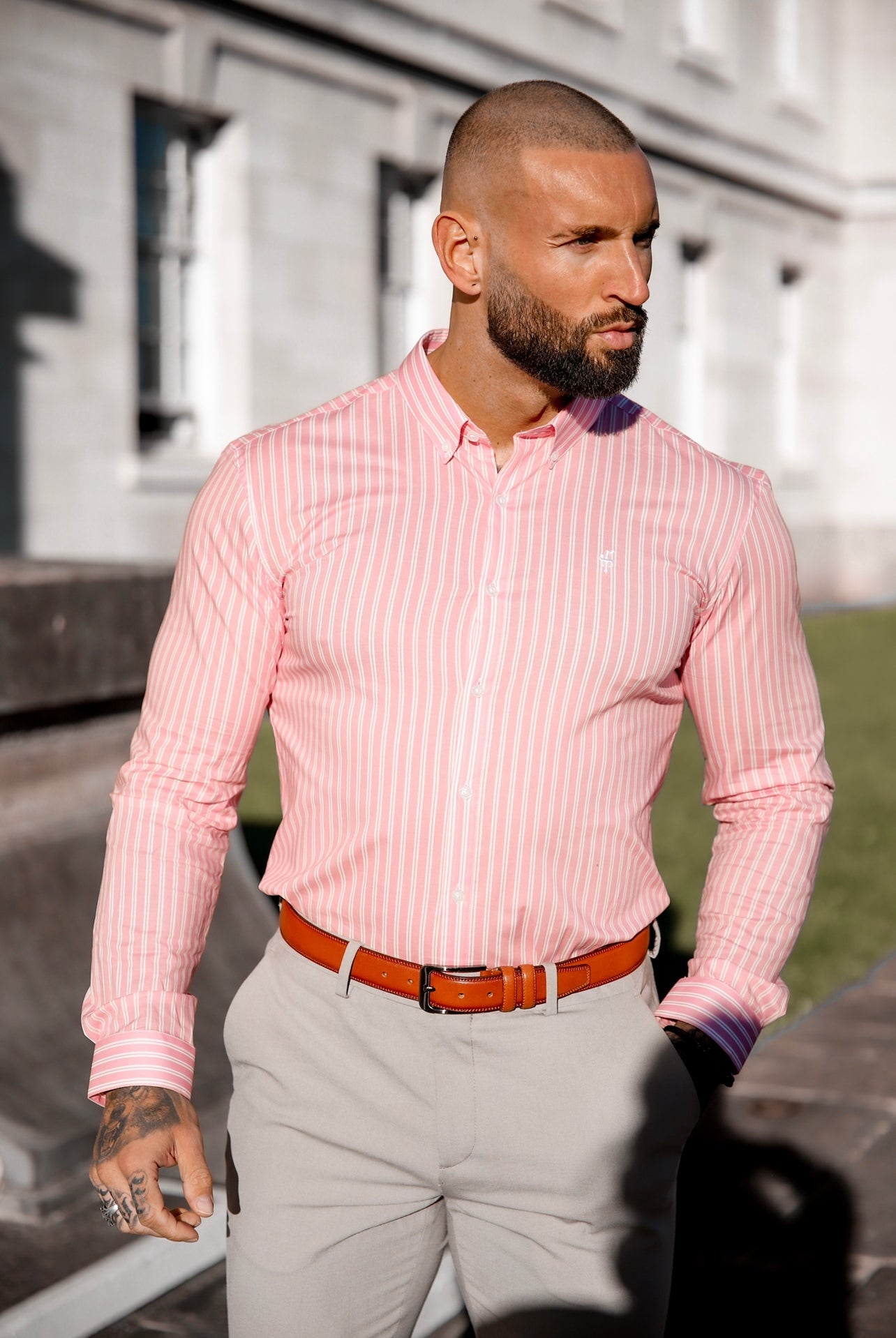 Super Slim Stretch White / Pink Stripe Print Long Sleeve with Button Down Collar - FS888