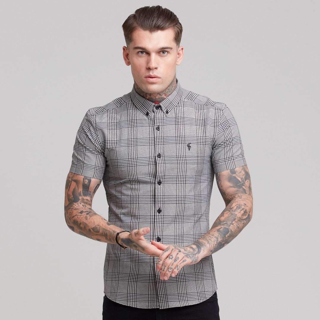 Super Slim Stretch Prince Of Wales White and Black Check Short Sleeve - FS460