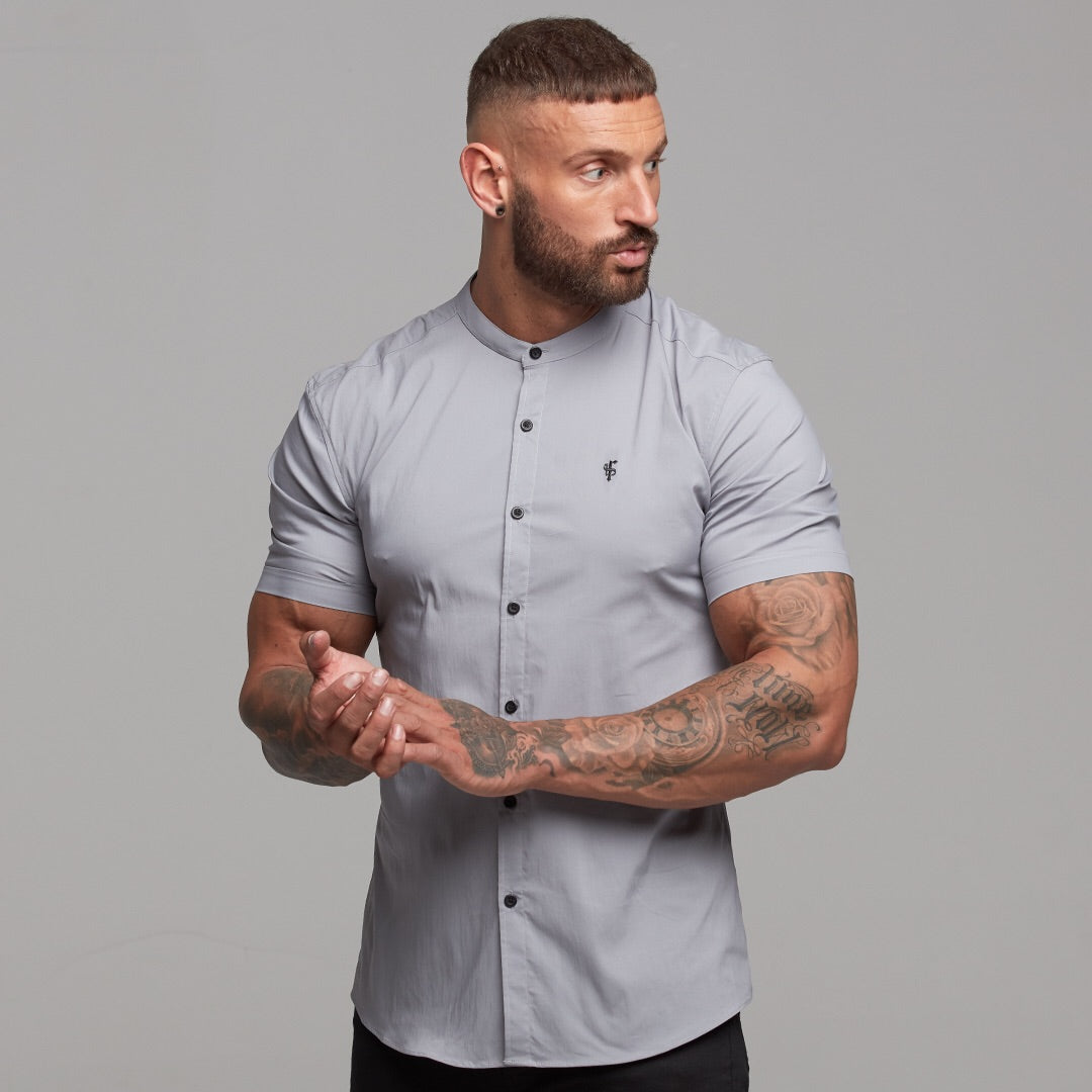 Super Slim Stretch Classic Silver Grey Grandad Collar Short Sleeve - FS288