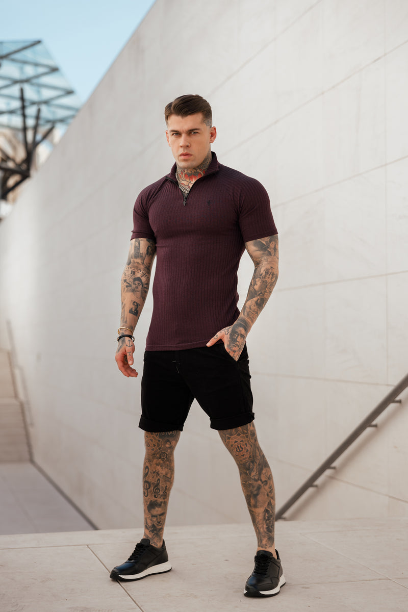 Father Sons Classic Plum Ribbed Zip Funnel Neck Raglan Short Sleeve Crew - FSH732