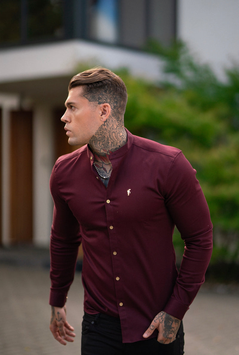 Father Sons Super Slim Stretch Burgundy Denim Long Sleeve Grandad collar with Metal Buttons and Decal Emblem - FS721