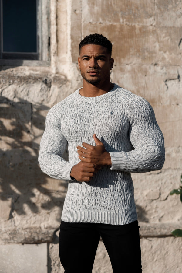 Father Sons Silver Grey Knitted Elongated Diamond Crew Super Slim Raglan Sweater With Metal Decal - FSN053