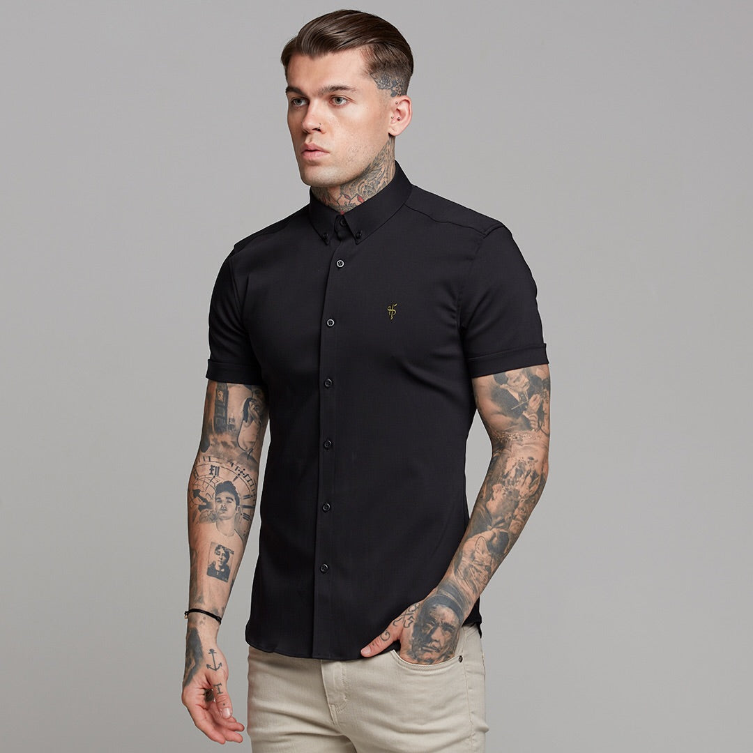 Super Slim Ultra Stretch Classic Black Short Sleeve (Khaki Embroidery) -  FS481