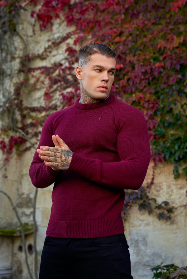 Father Sons Burgundy Knitted Raglan Crew Super Slim Sweater With Metal Decal - FSJ055