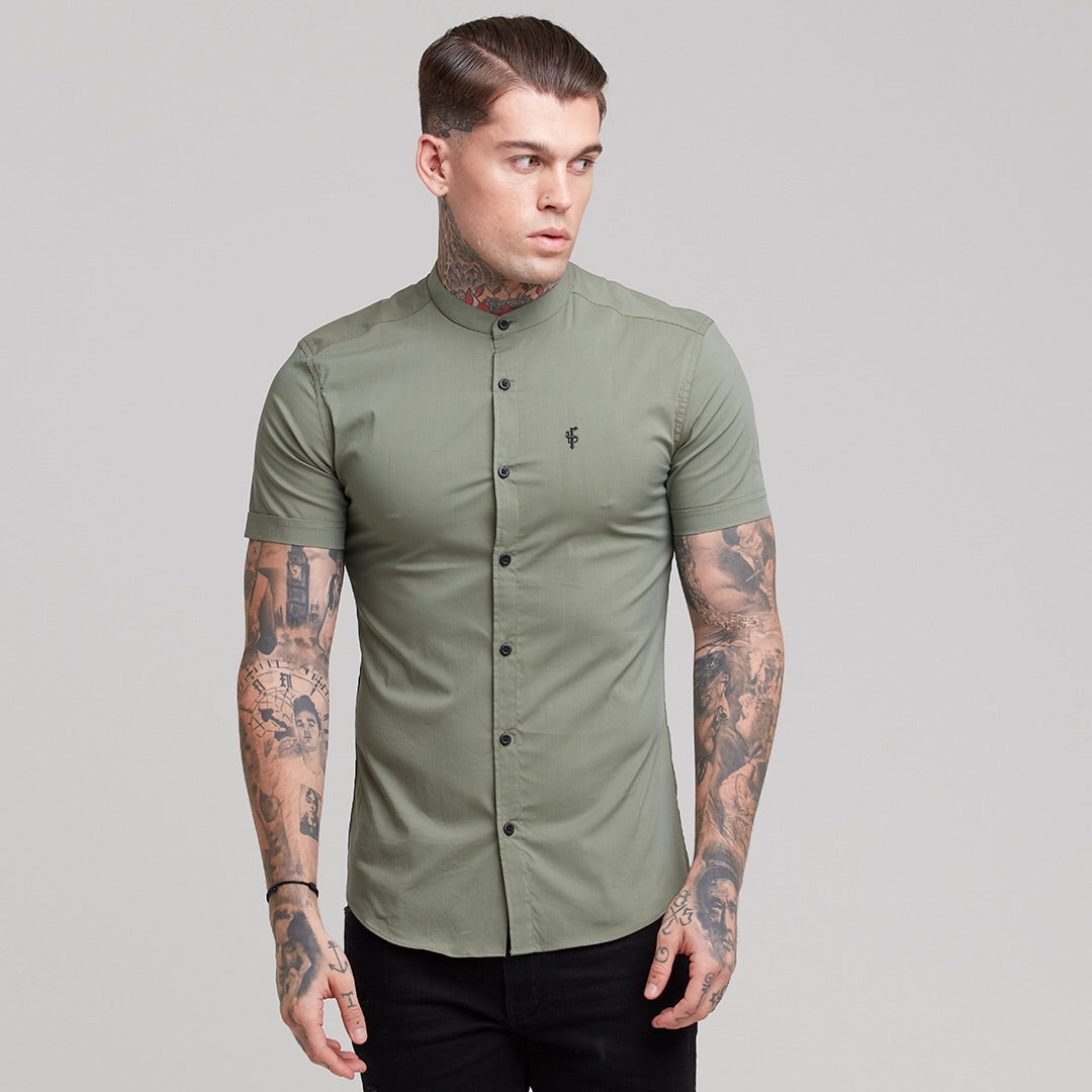 Super Slim Stretch Classic Khaki Grandad Collar Short Sleeve - FS291