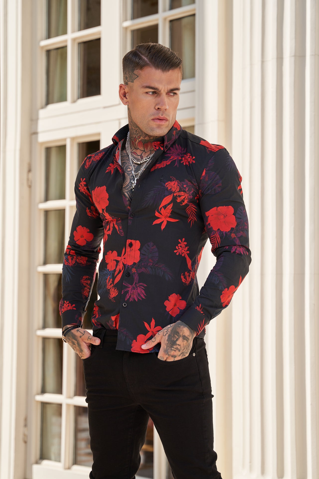 Super Slim Stretch Black and Red Floral Print Long Sleeve with Button Down Collar - FS770