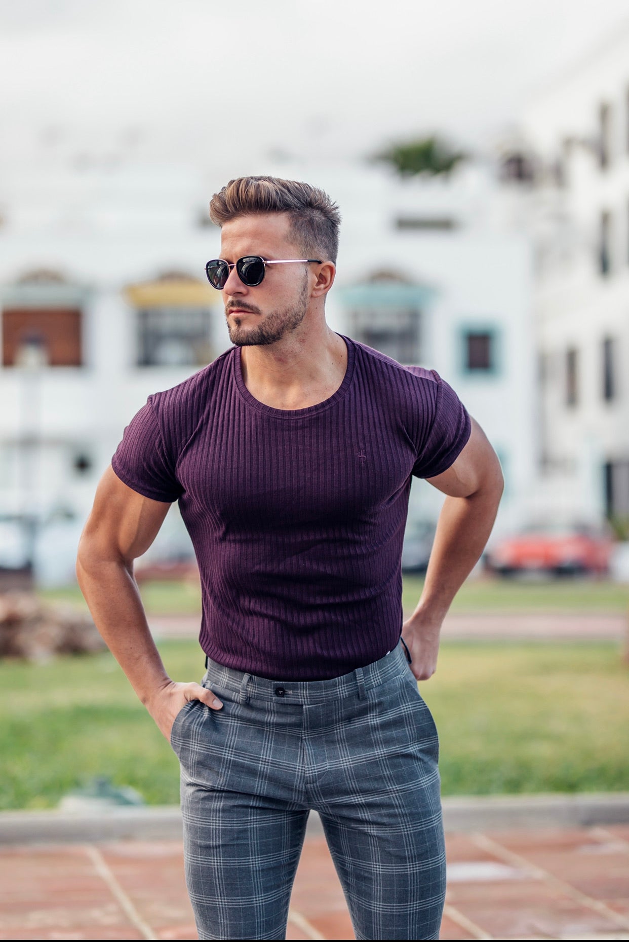Classic Plum Ribbed Knit Super Slim Short Sleeve Crew - FSH616