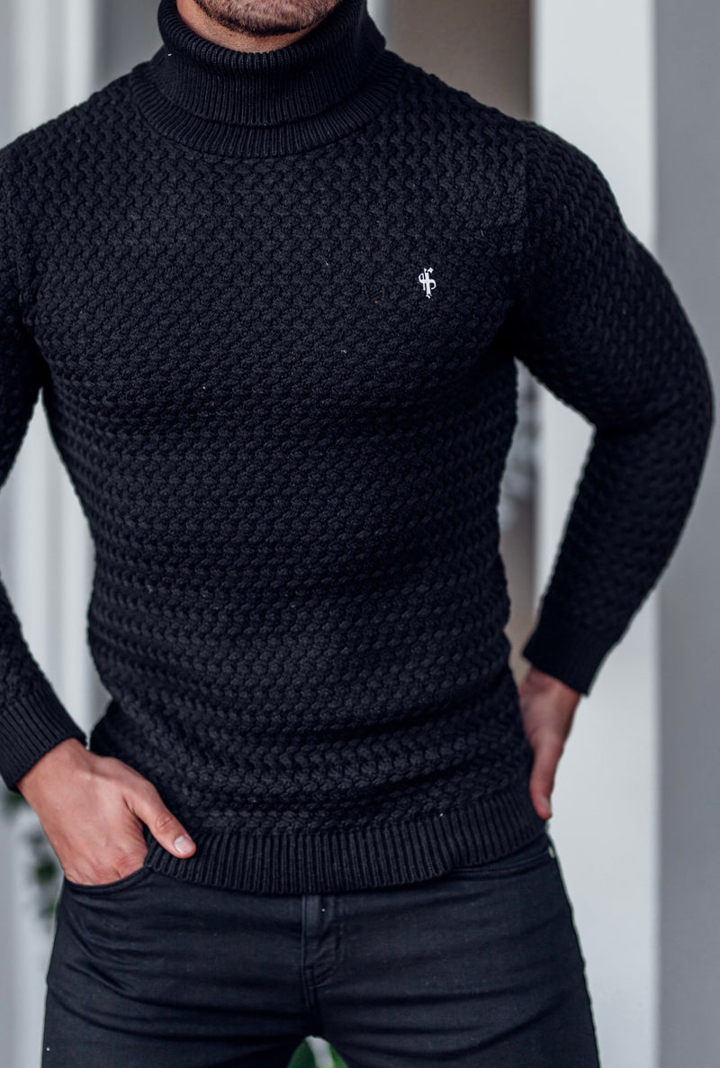 Father Sons Black Knitted Roll Neck Weave Super Slim Sweater With Metal Decal - FSJ024
