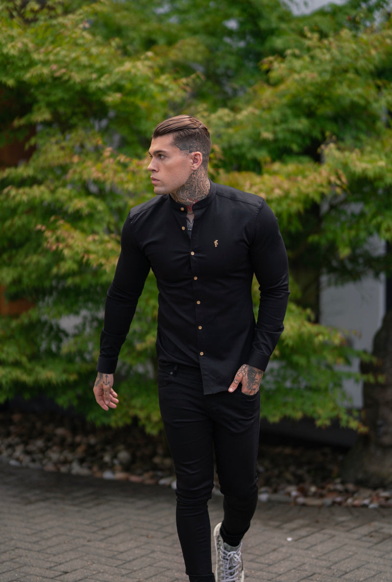 Father Sons Super Slim Stretch Black Denim Long Sleeve Grandad collar with Metal Buttons and Decal Emblem - FS707