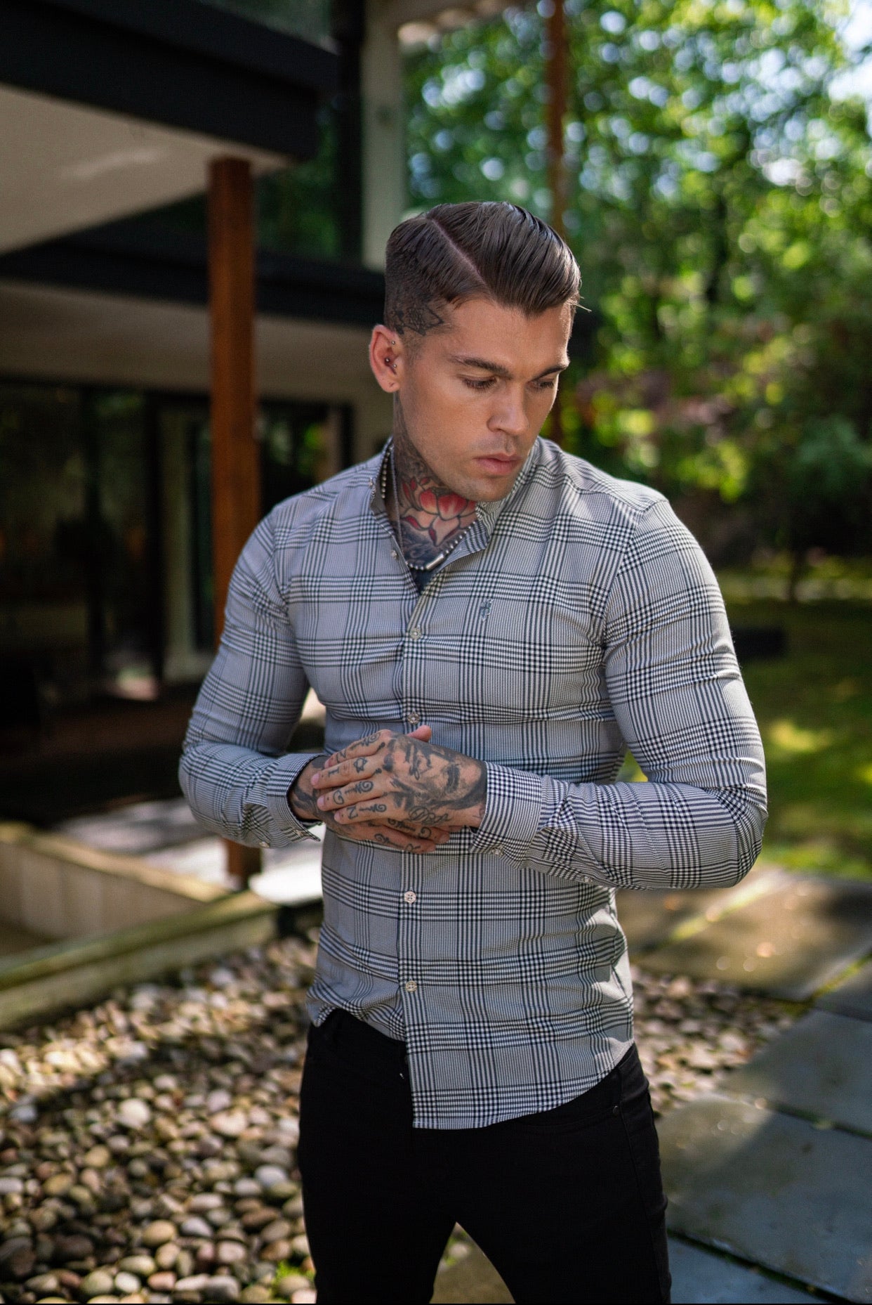 Super Slim Stretch Prince Of Wales White and Black Check Long Sleeve Grandad Collar with Metal Buttons and Emblem- FS733