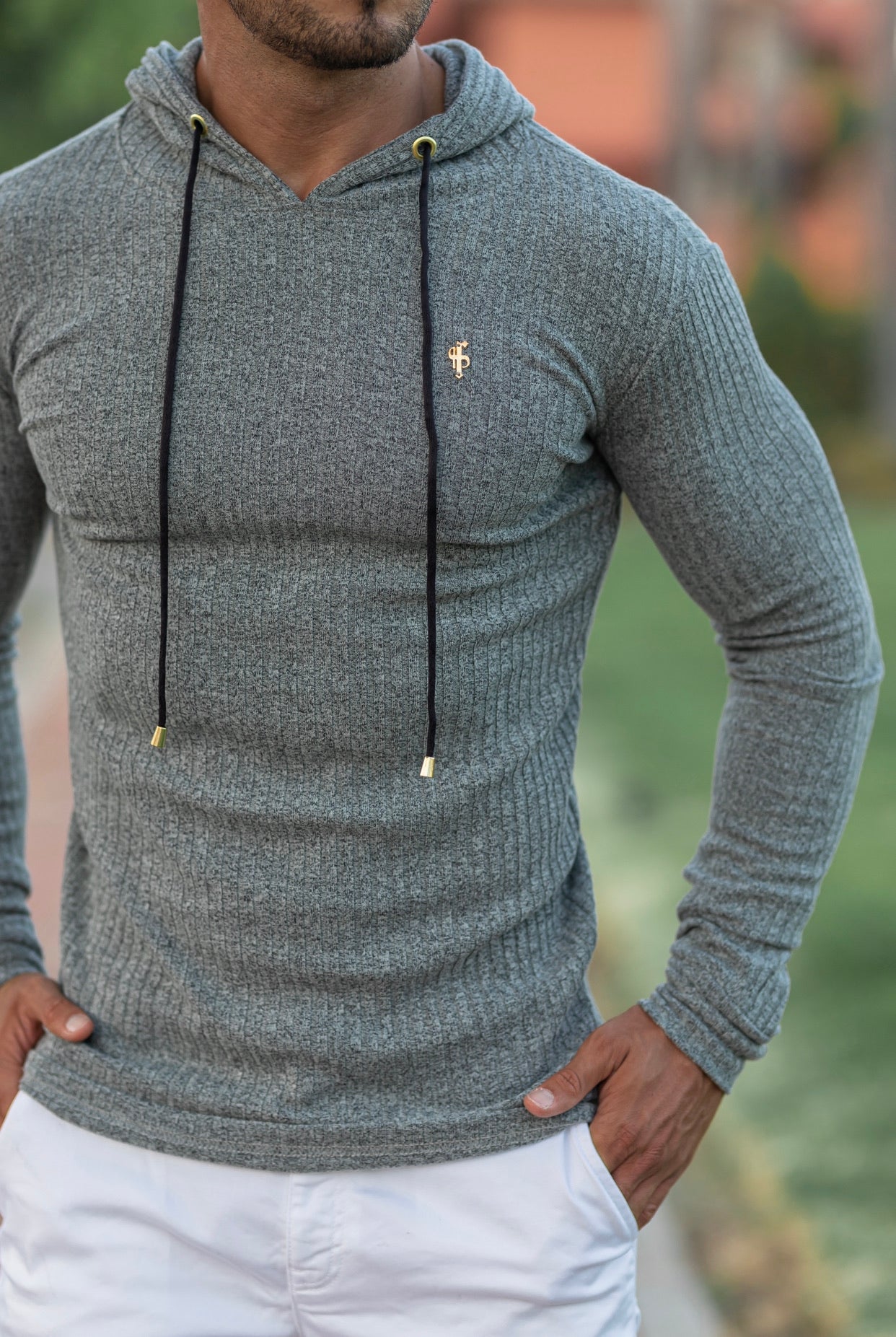 Classic Pale Sage Green / Gold Ribbed Knit Hoodie Jumper - FSH510