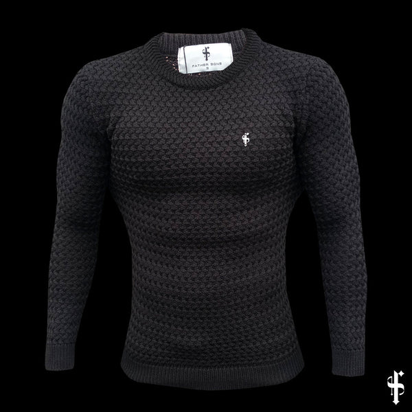 Father Sons Black Knitted Weave Super Slim Sweater With Metal Decal - FSJ014