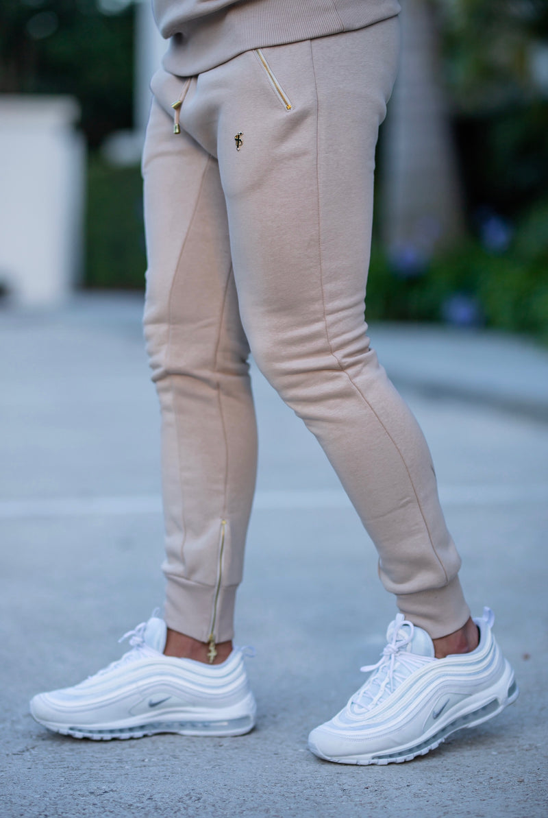 Father Sons Beige & Gold Tapered Sweat Pants with Ankle Zip Detail - FSH484