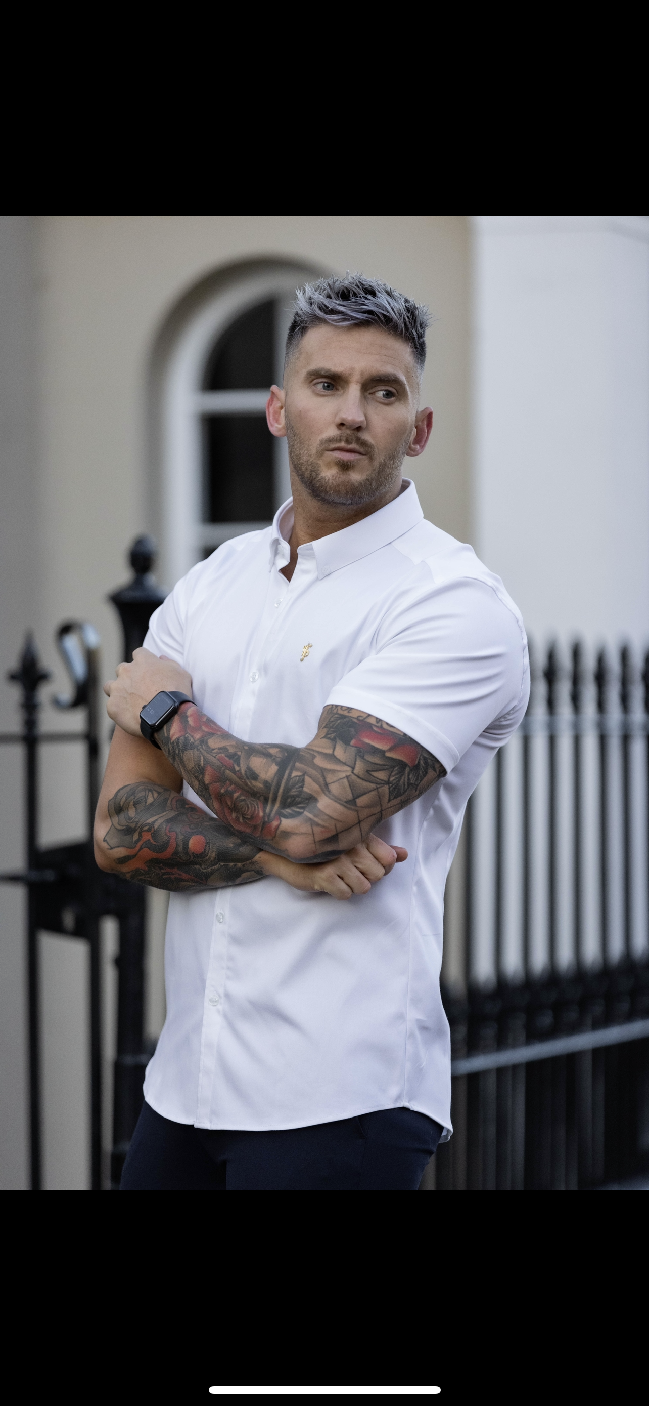 Super Slim Stretch White Denim Short Sleeve with Gold Metal Decal Emblem - FS924