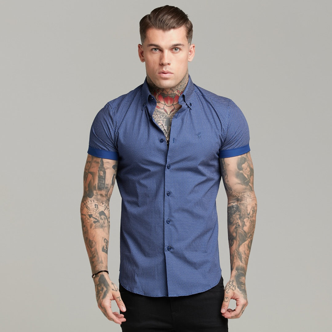 Classic Navy Print Short Sleeve Button Down - FS607
