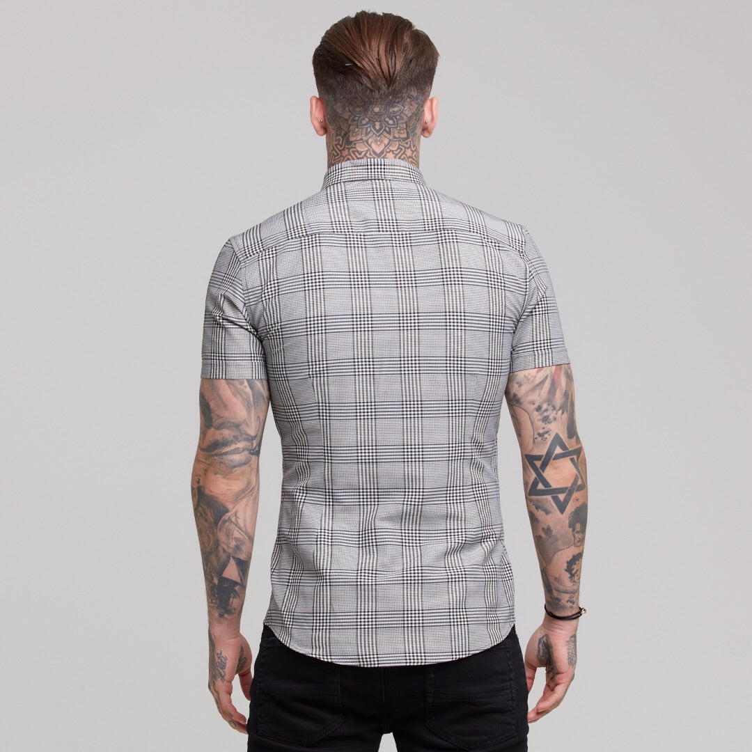 Super Slim Stretch Prince Of Wales White and Black Check Short Sleeve - FS460
