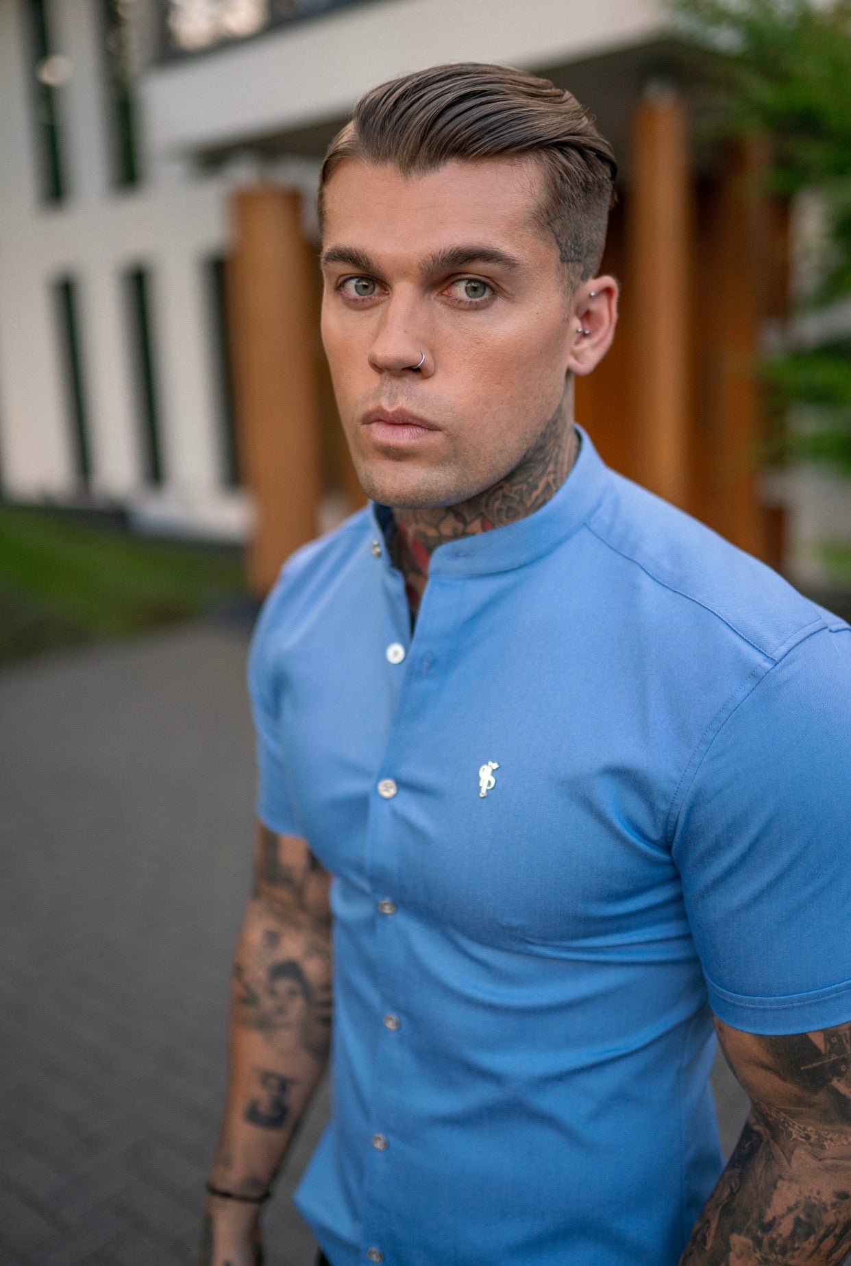 Super Slim Stretch Light Blue Denim Short Sleeve Grandad collar with Silver Metal Buttons and Decal Emblem - FS718
