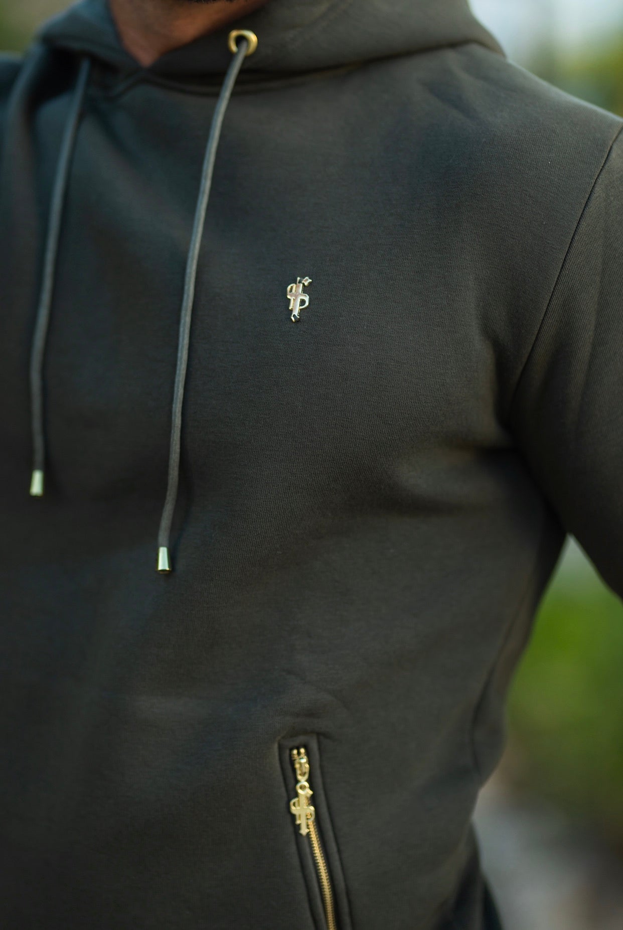 Khaki & Gold Overhead Hoodie Top with Zipped Pockets - FSH481