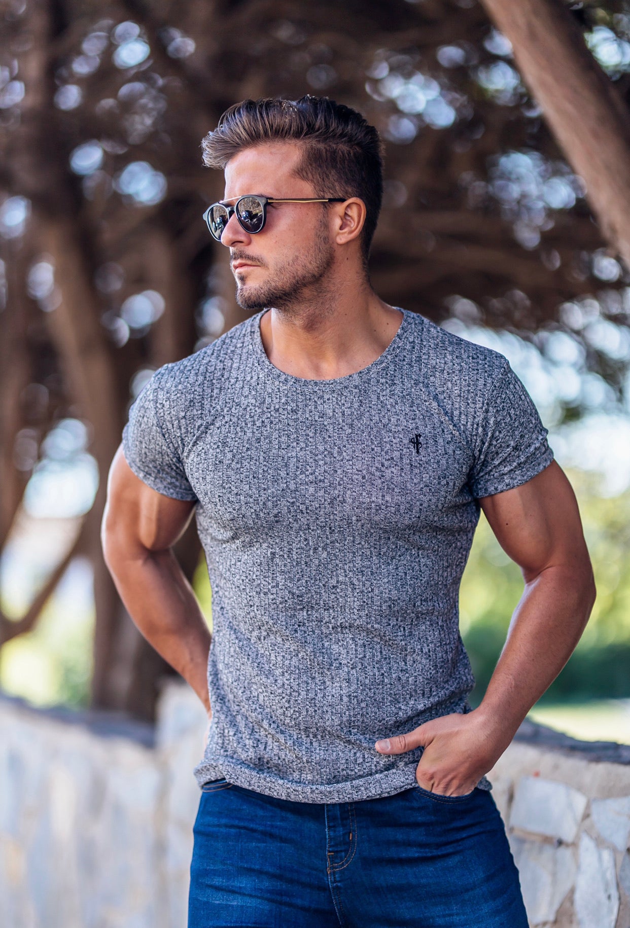 Classic Grey Ribbed Knit Super Slim Long Line Crew- FSH173