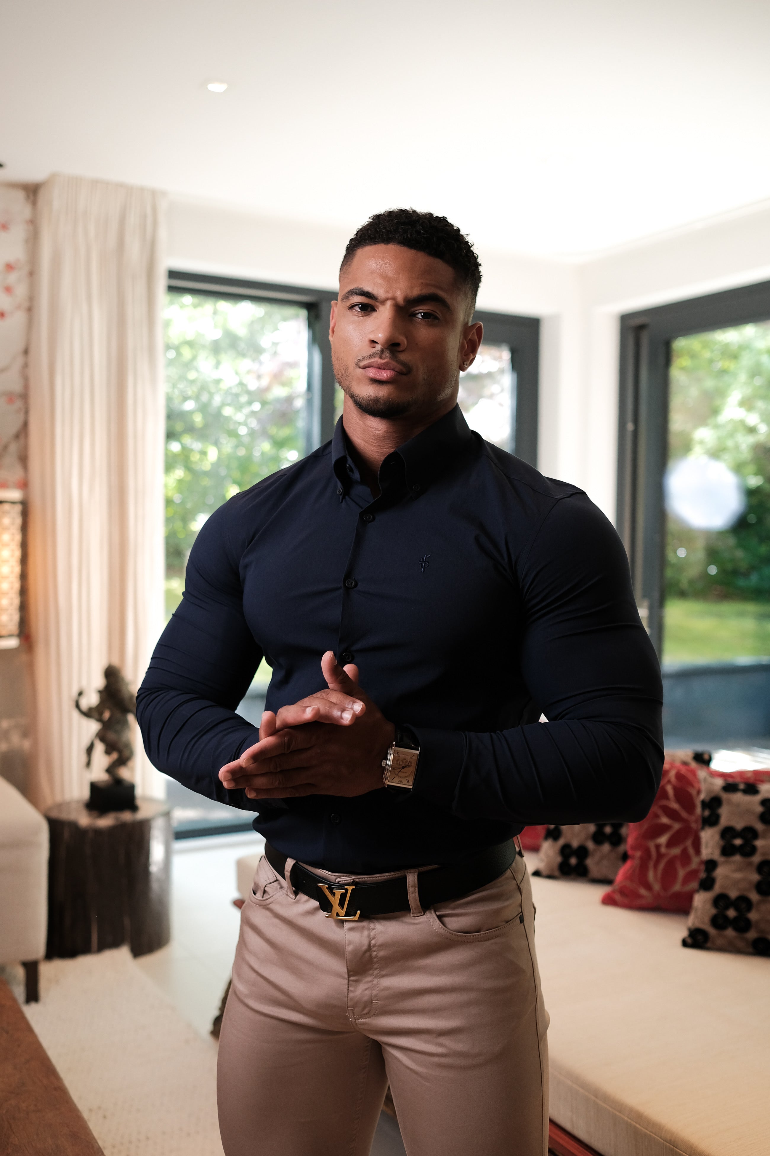 Classic Navy Stretch Shirt with Button Down Collar and Navy Embroidery - FS564