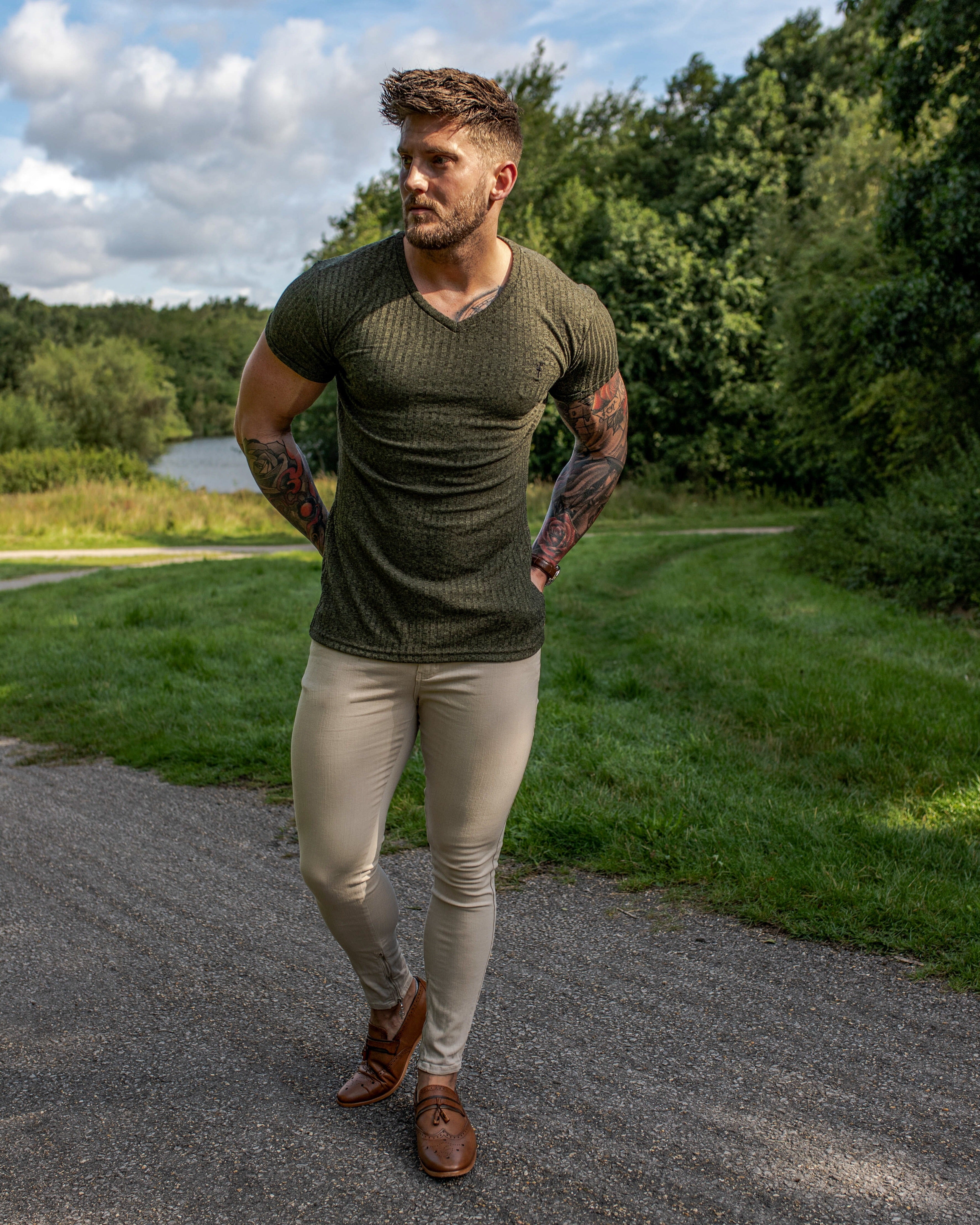 Classic Khaki V Neck Ribbed Crew - FSH390