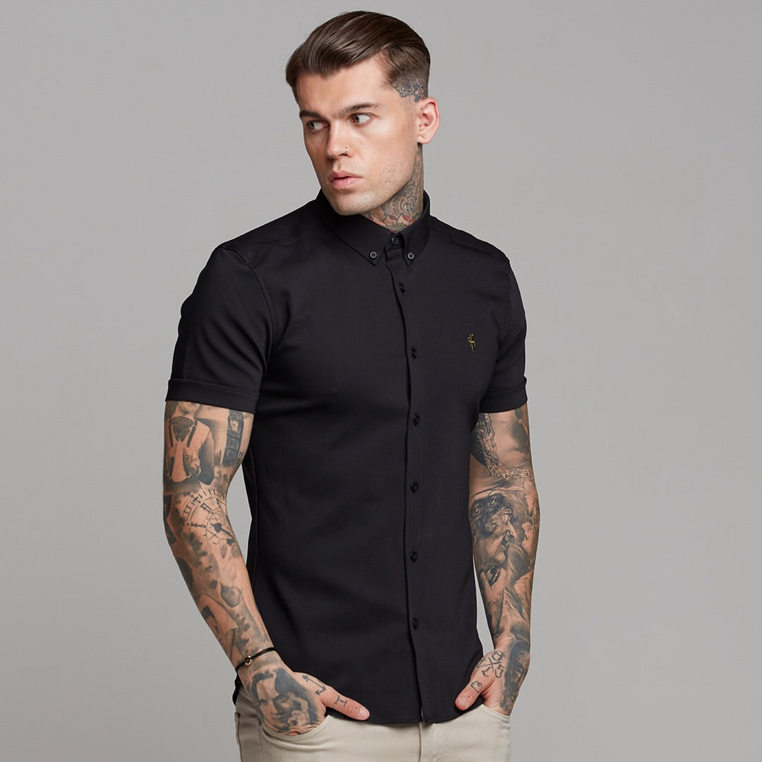 Super Slim Ultra Stretch Classic Black Short Sleeve (Khaki Embroidery) -  FS481