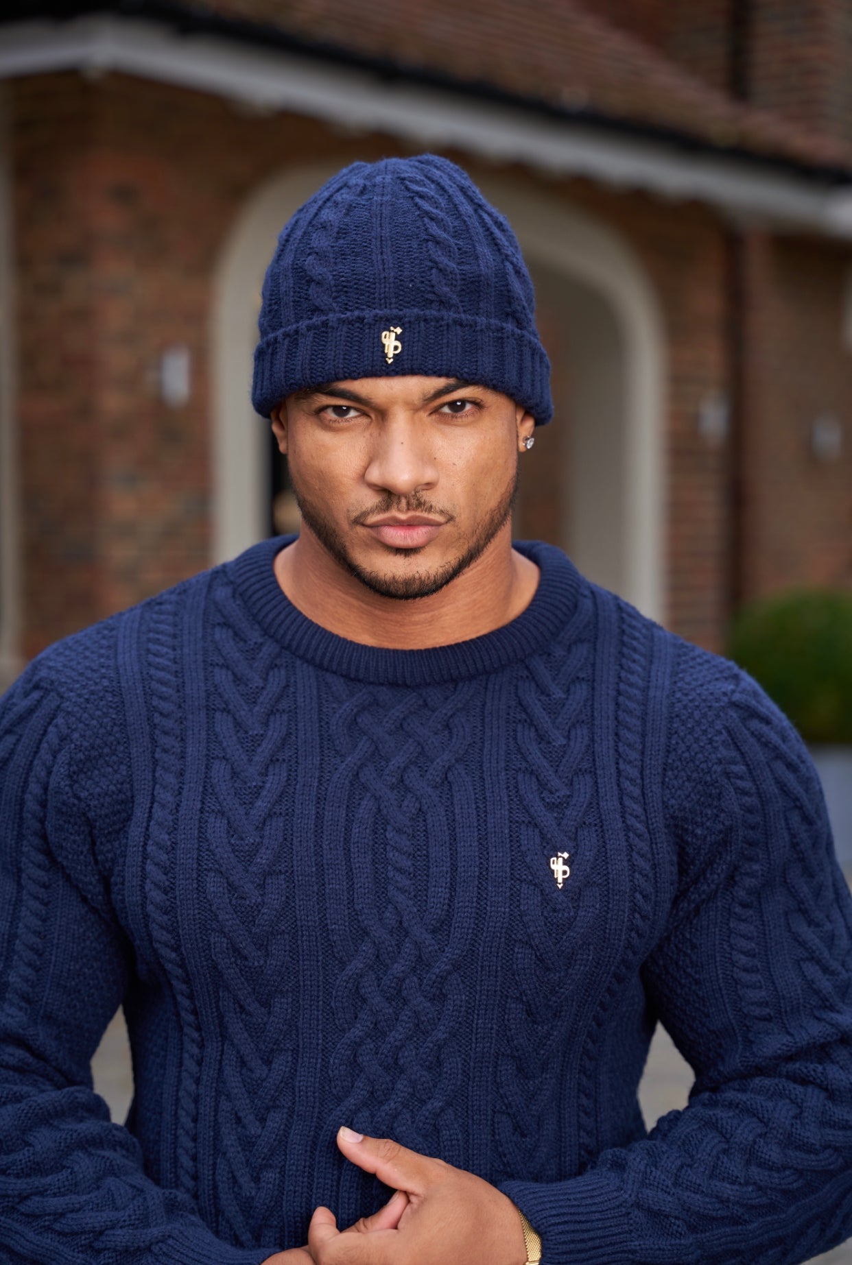 Navy Beanie Hat With Metal Emblem - FSJ059