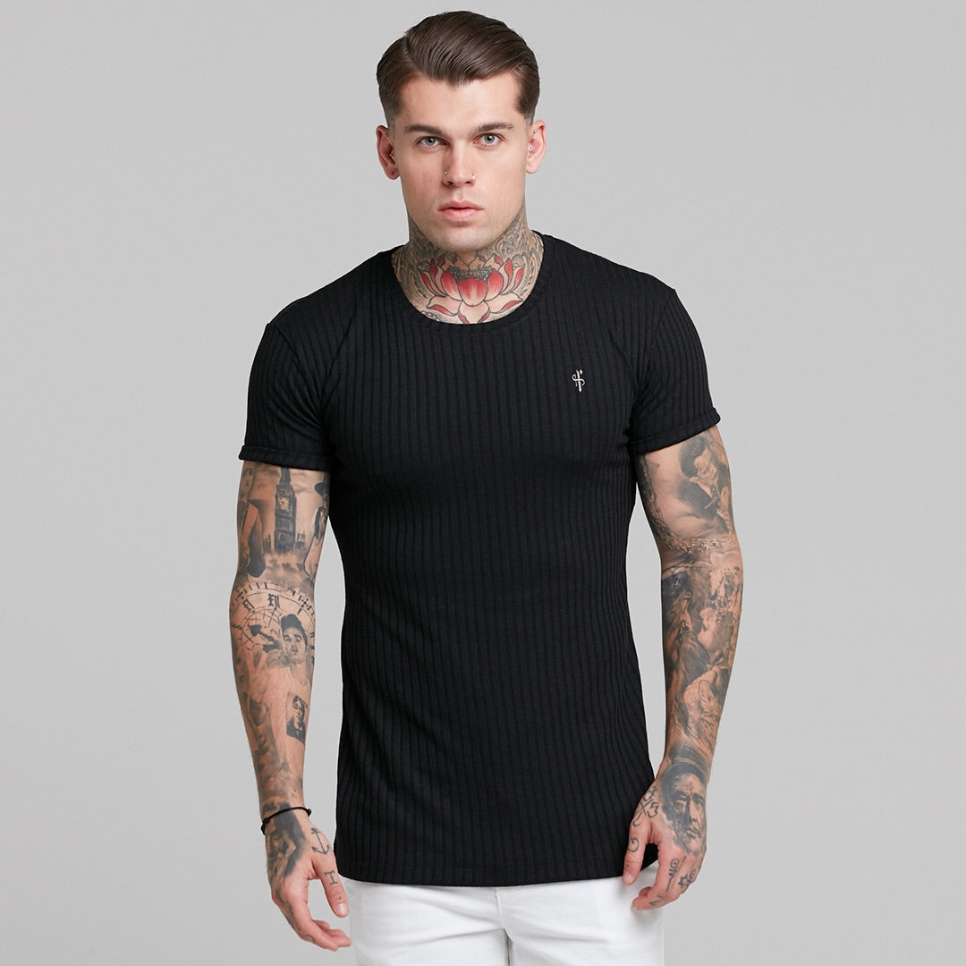Classic Black Ribbed Knit Super Slim Short Sleeve Crew - FSH241