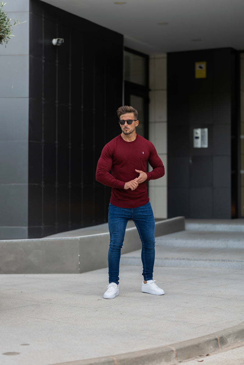 Father Sons Classic Burgundy Light Weight Knitted Crew Neck Sweater with Metal Decal - FSN097