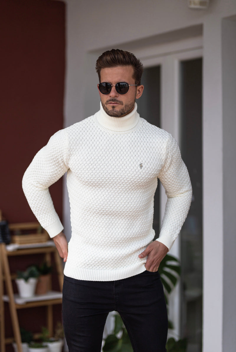 Father Sons Cream Knitted Roll Neck Weave Super Slim Sweater With Metal Decal - FSJ026