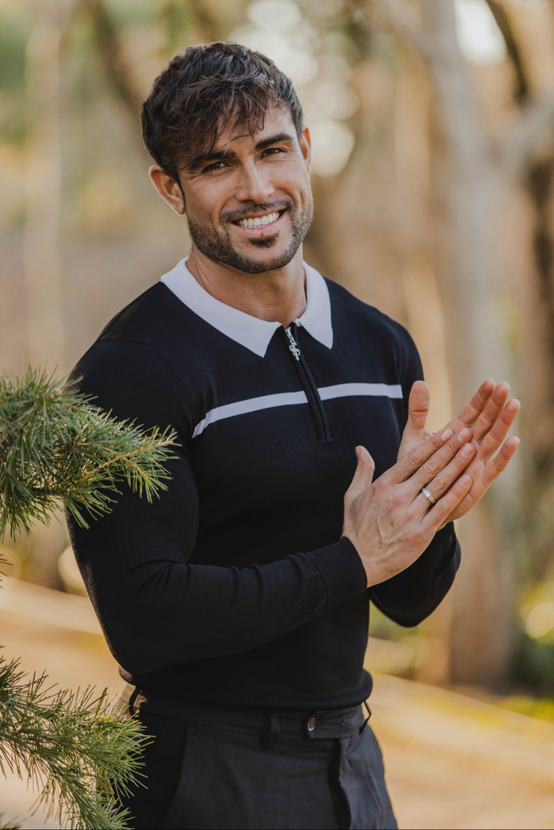 Father Sons Classic Black / White Horizontal Stripe Zipped Polo Long Sleeve - FSN047