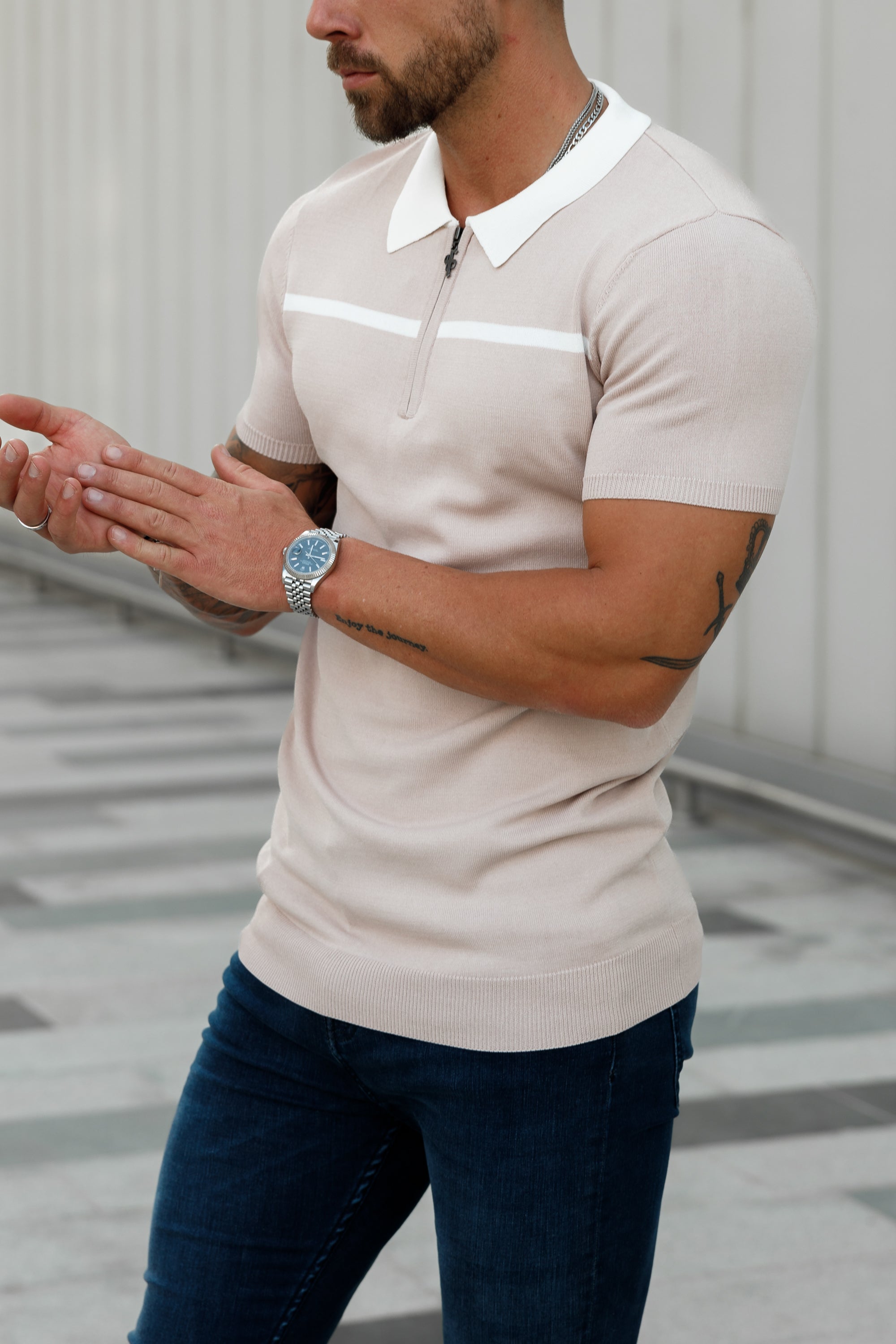 Classic Beige / White Horizontal Stripe Zipped Polo Short Sleeve - FSN041