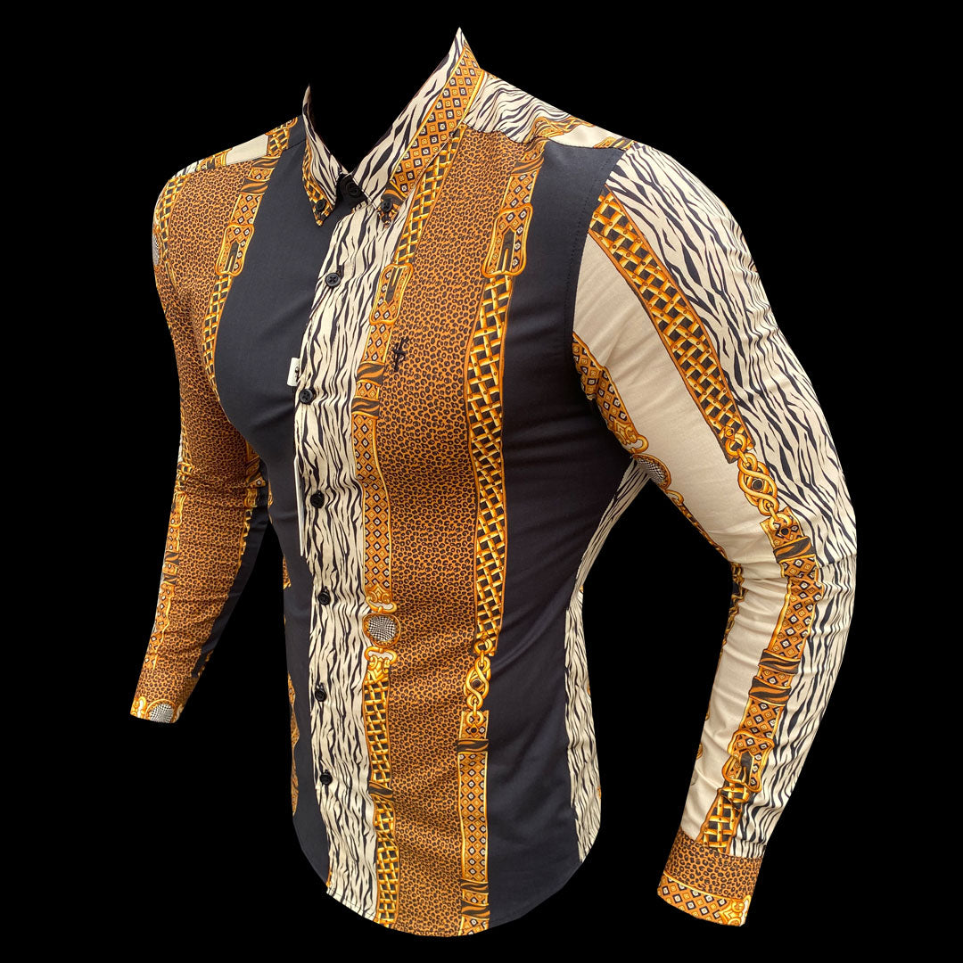Super Slim Stretch Black Animal Chain Print Long Sleeve with Button Down Collar - FS814
