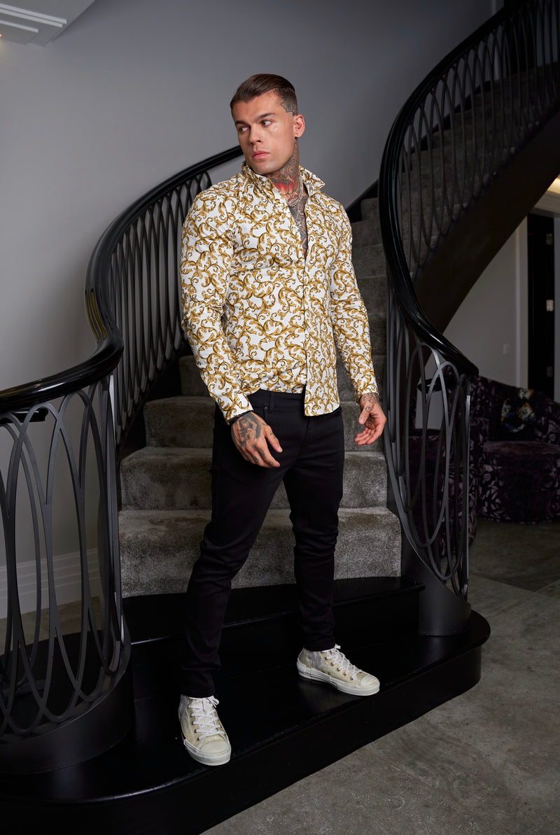 Father Sons Super Slim Stretch White / Gold Scroll Print Long Sleeve with Button Down Collar - FS822