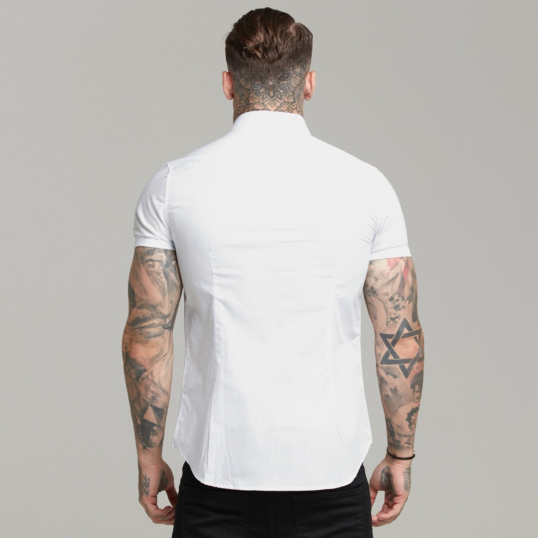 Classic White and Navy Print Short Sleeve Button Down - FS605 (LAST CHANCE)